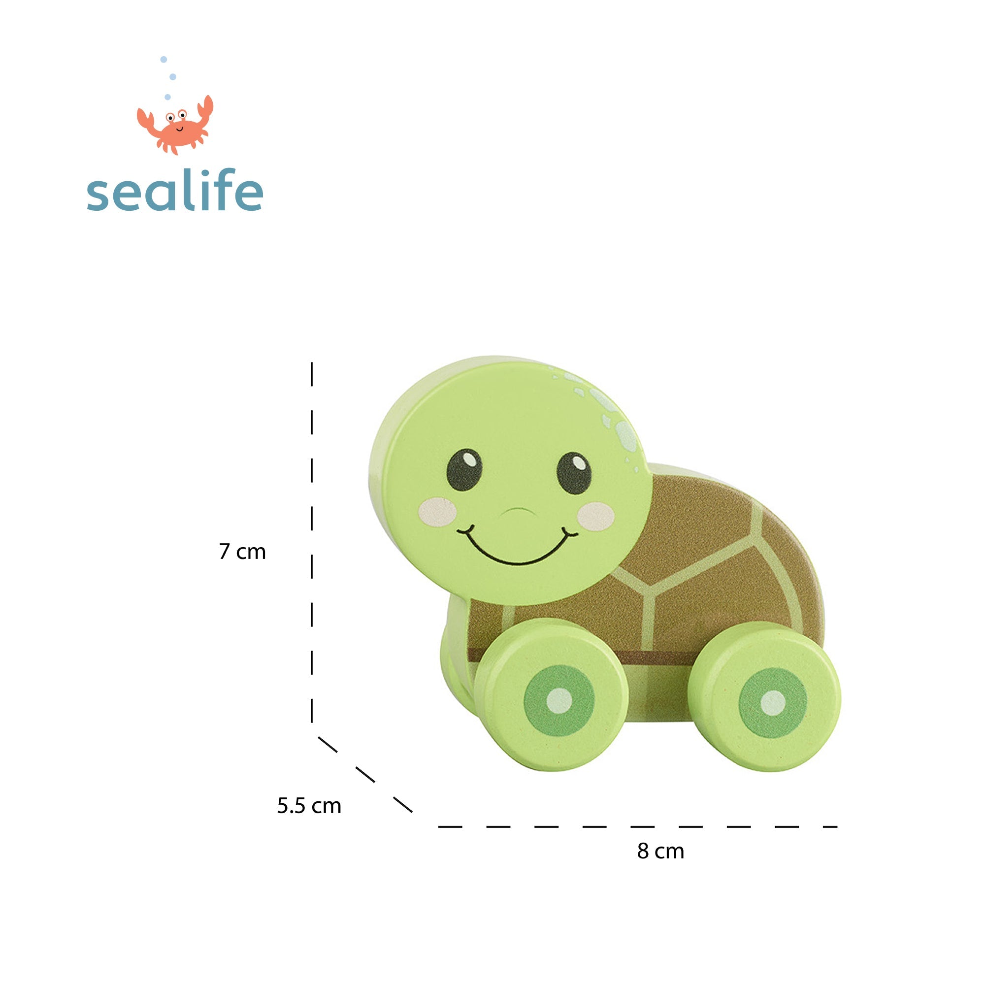 Green wooden turtle push toy shown with its 8 by 5.5 by 7cm measurements