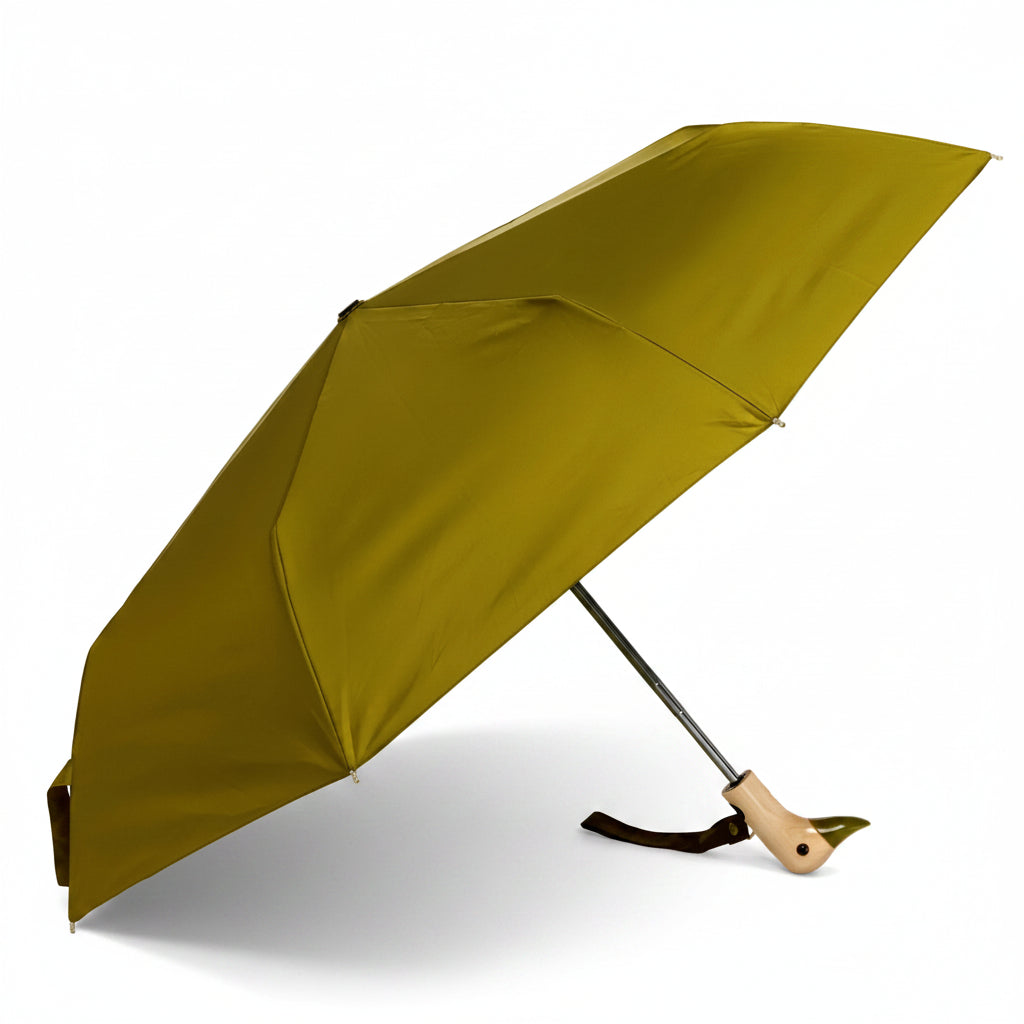 Olive compact duck umbrella open side view on light background
