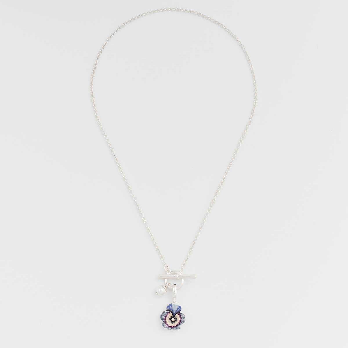 Full length pansy pearl silver toggle necklace on white background