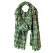 Forest green check weave scarf with metallic thread and fringes, on white