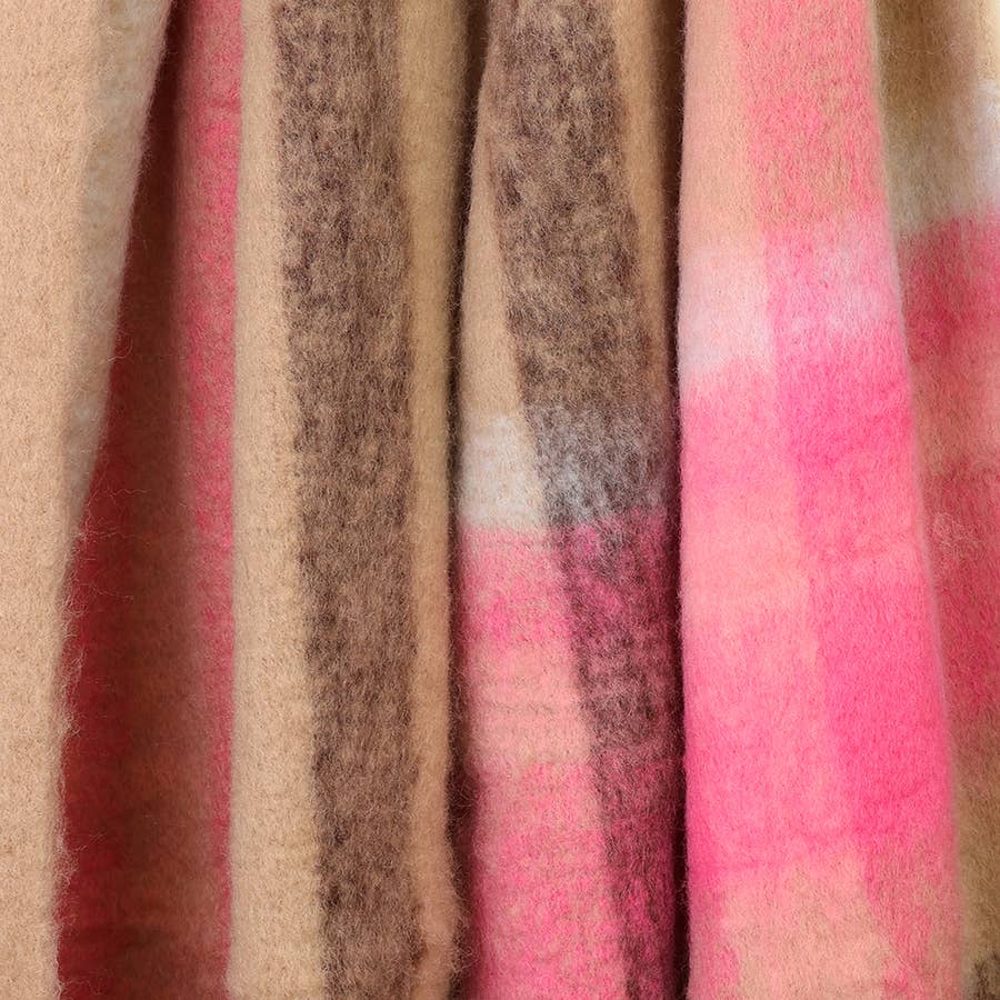 Close-up of the soft taupe, brown and pink check fabric