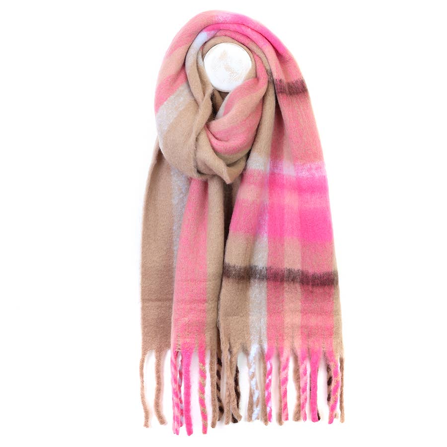 Taupe and pink check cosy scarf with twisted fringes, on white