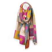 Mustard and pink chequerboard star reversible scarf, on white