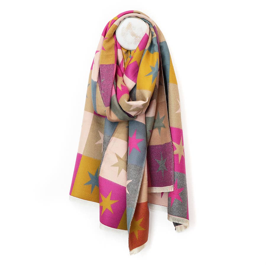 Mustard and pink chequerboard star reversible scarf, on white
