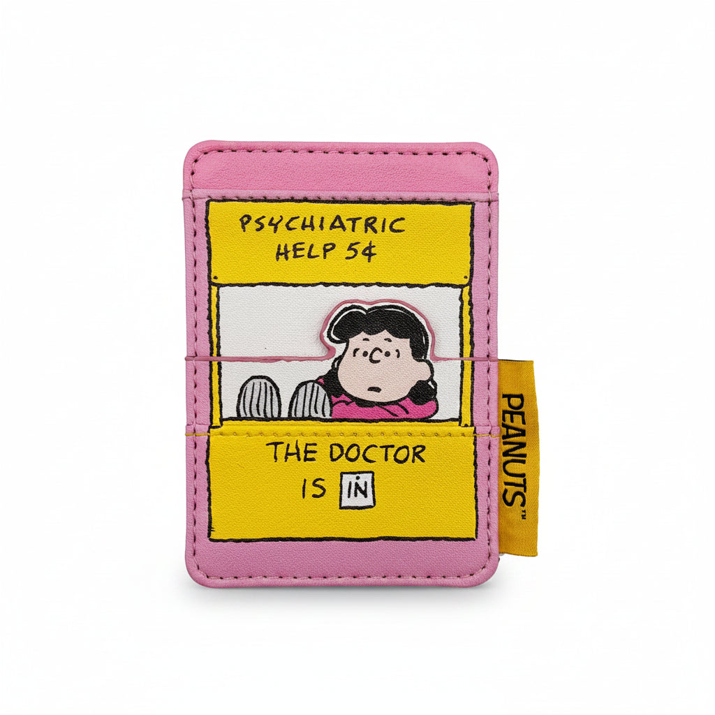 Front view of Peanuts Lucy Cardholder featuring Lucy illustration and Peanuts yellow tag.