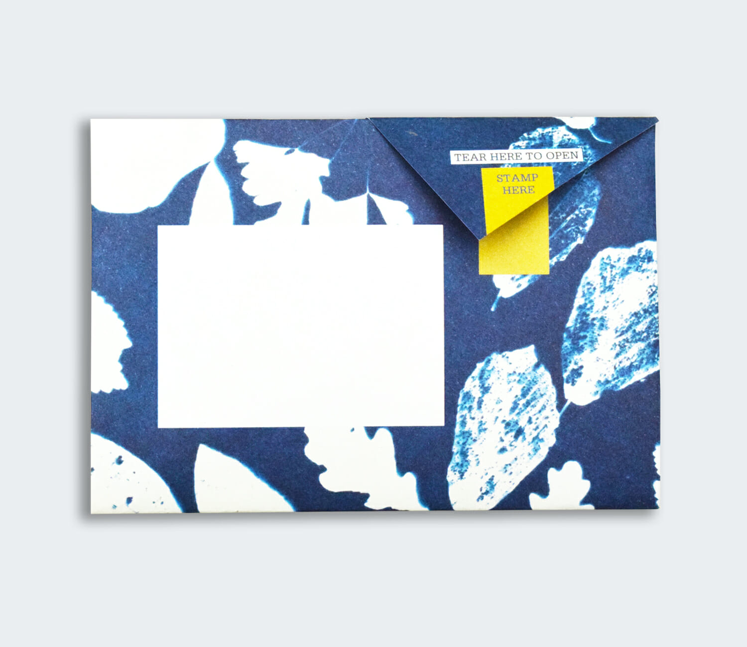 Folded Pigeon letter back showing blue botanical cyanotype pattern with stamp section