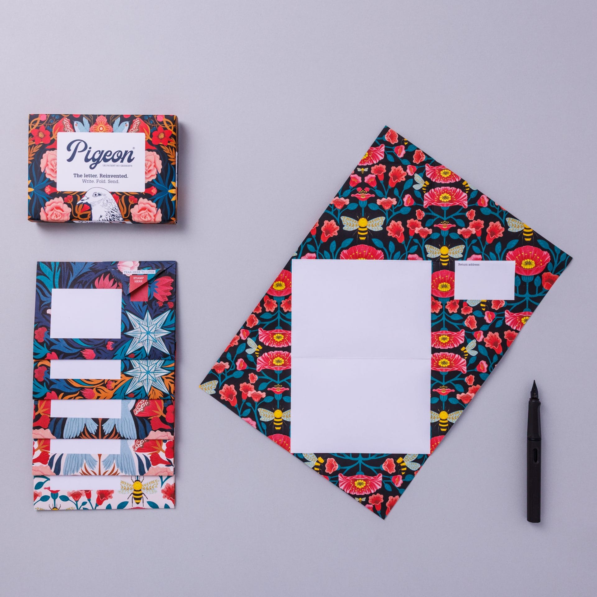 Pack and unfolded Pigeon displayed showing bright floral pattern on lavender background