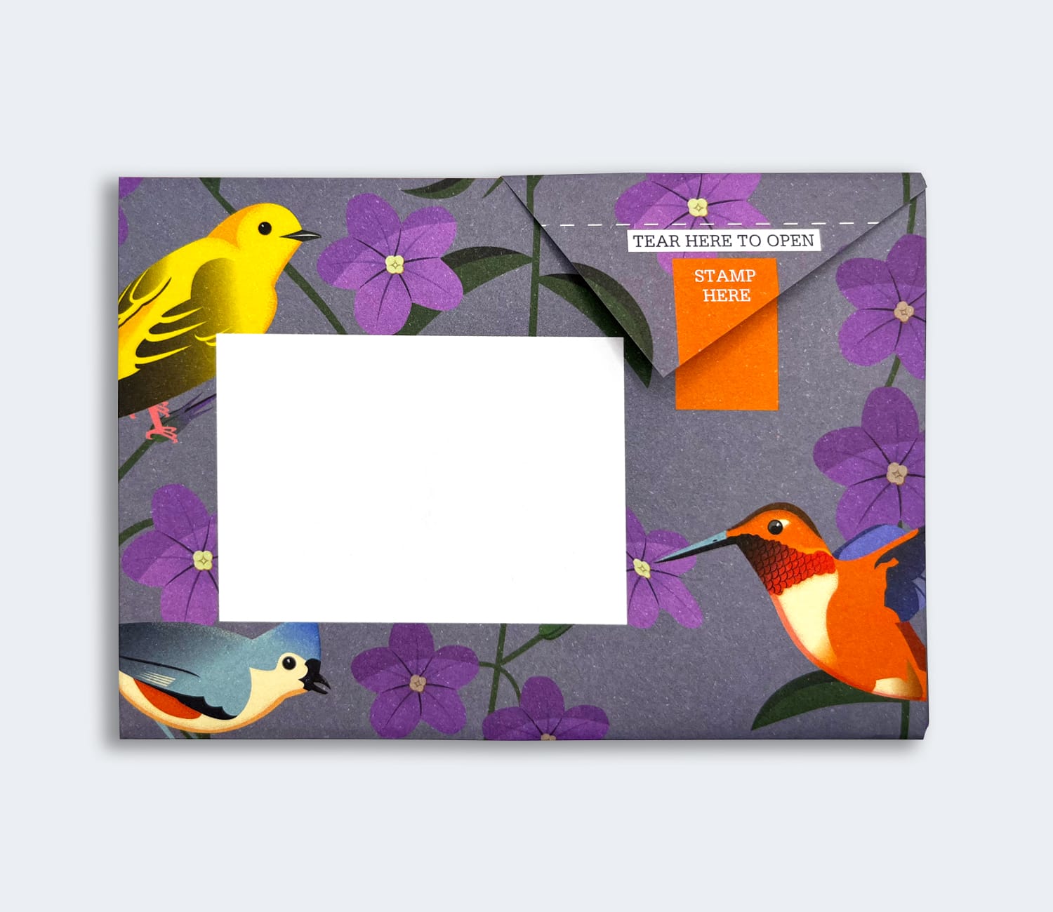 Folded Pigeon letter with bright bird design sixth variant on blue background