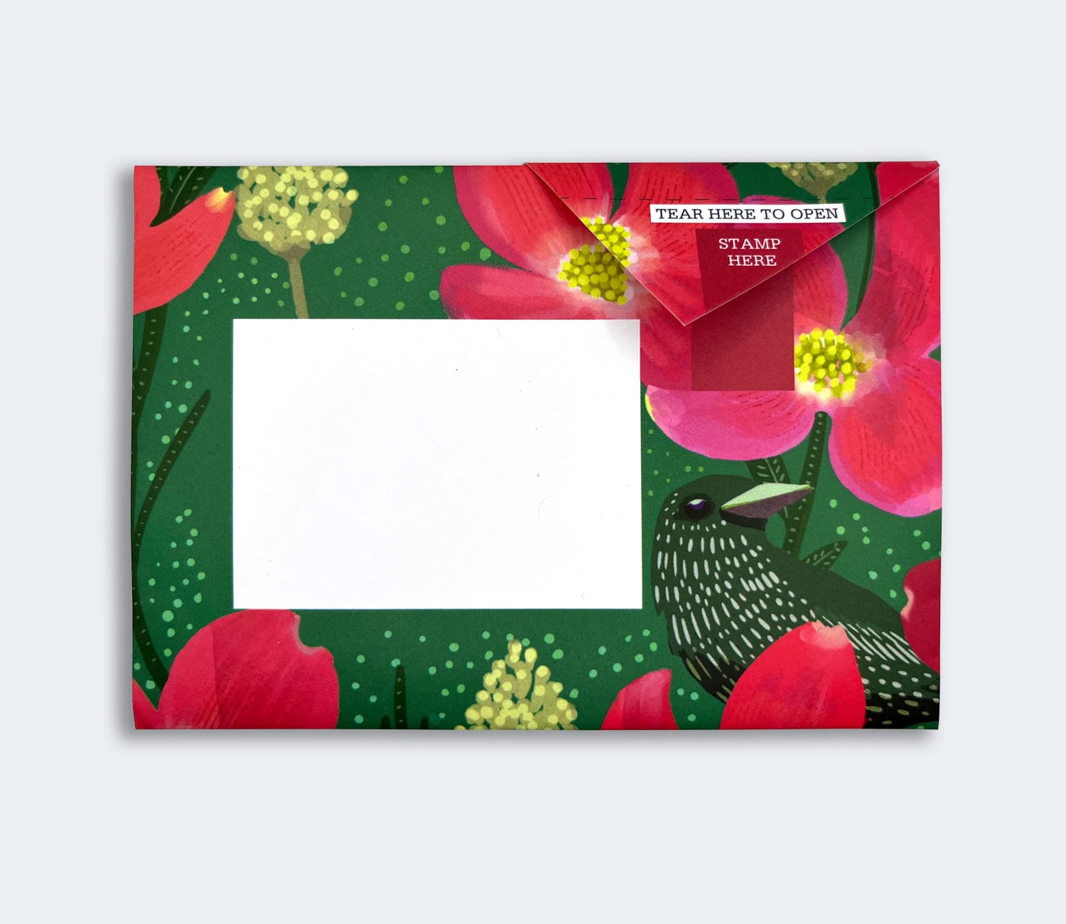 Folded Pigeon letter with red poppy pattern on green background second variant