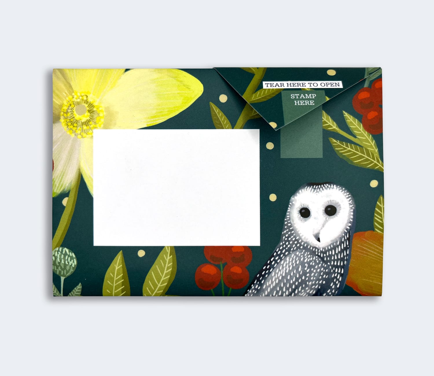 Folded Pigeon letter with poppy and teal bird design fifth variant