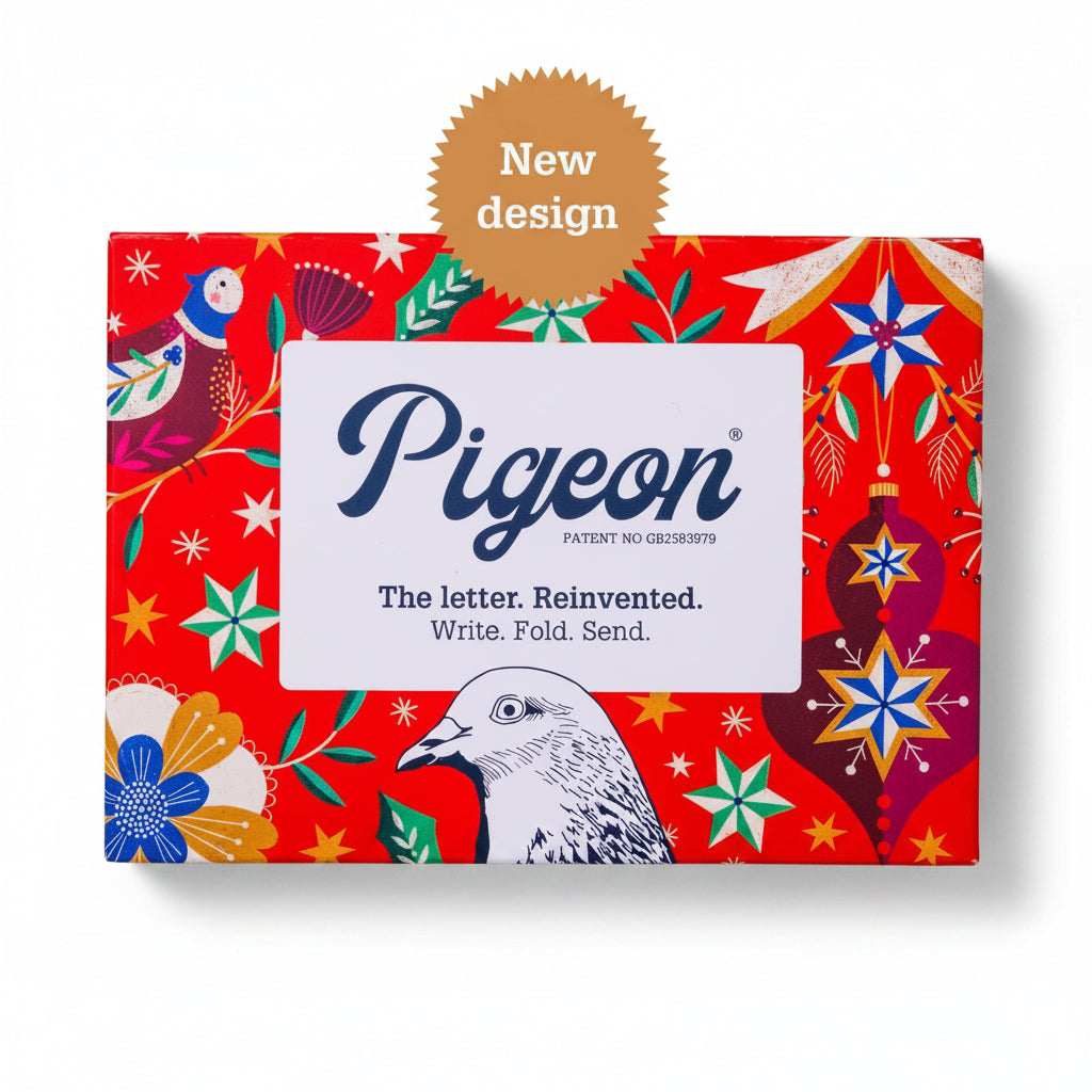 Festive Pigeons pack front with red Christmas holly and star design on grey background