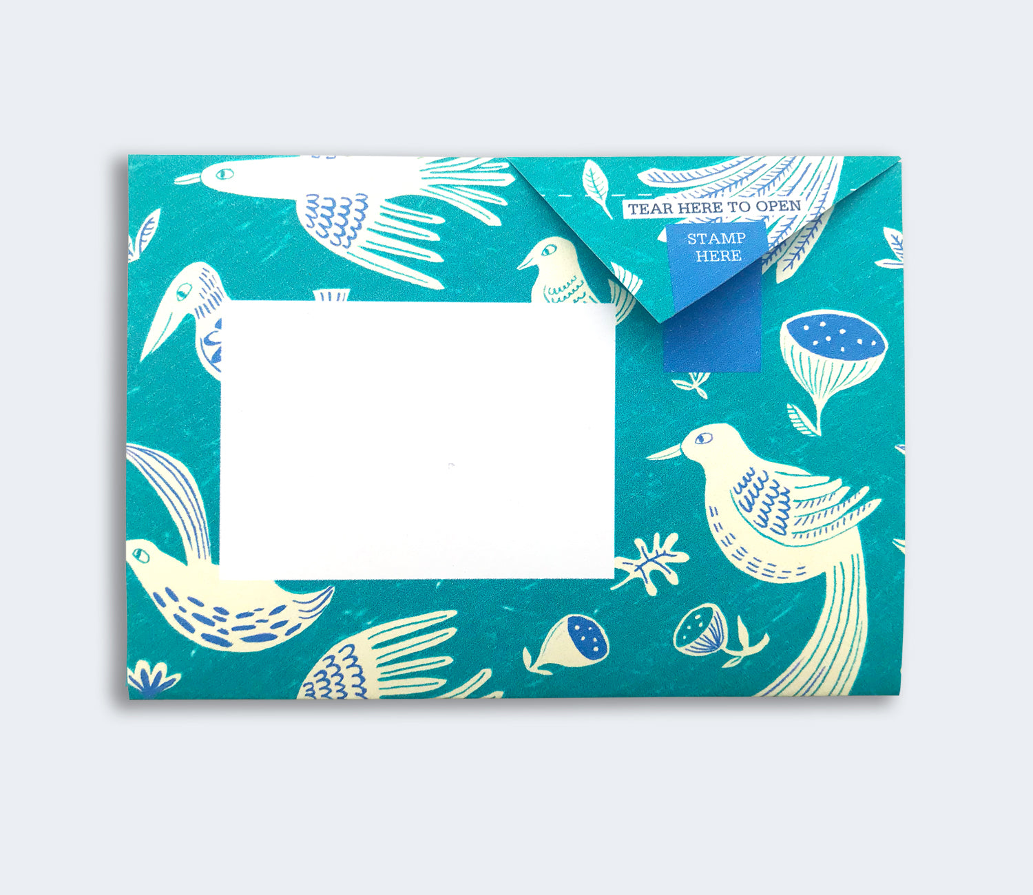 Folded Pigeon letter with teal feathered bird and fig pattern second variant