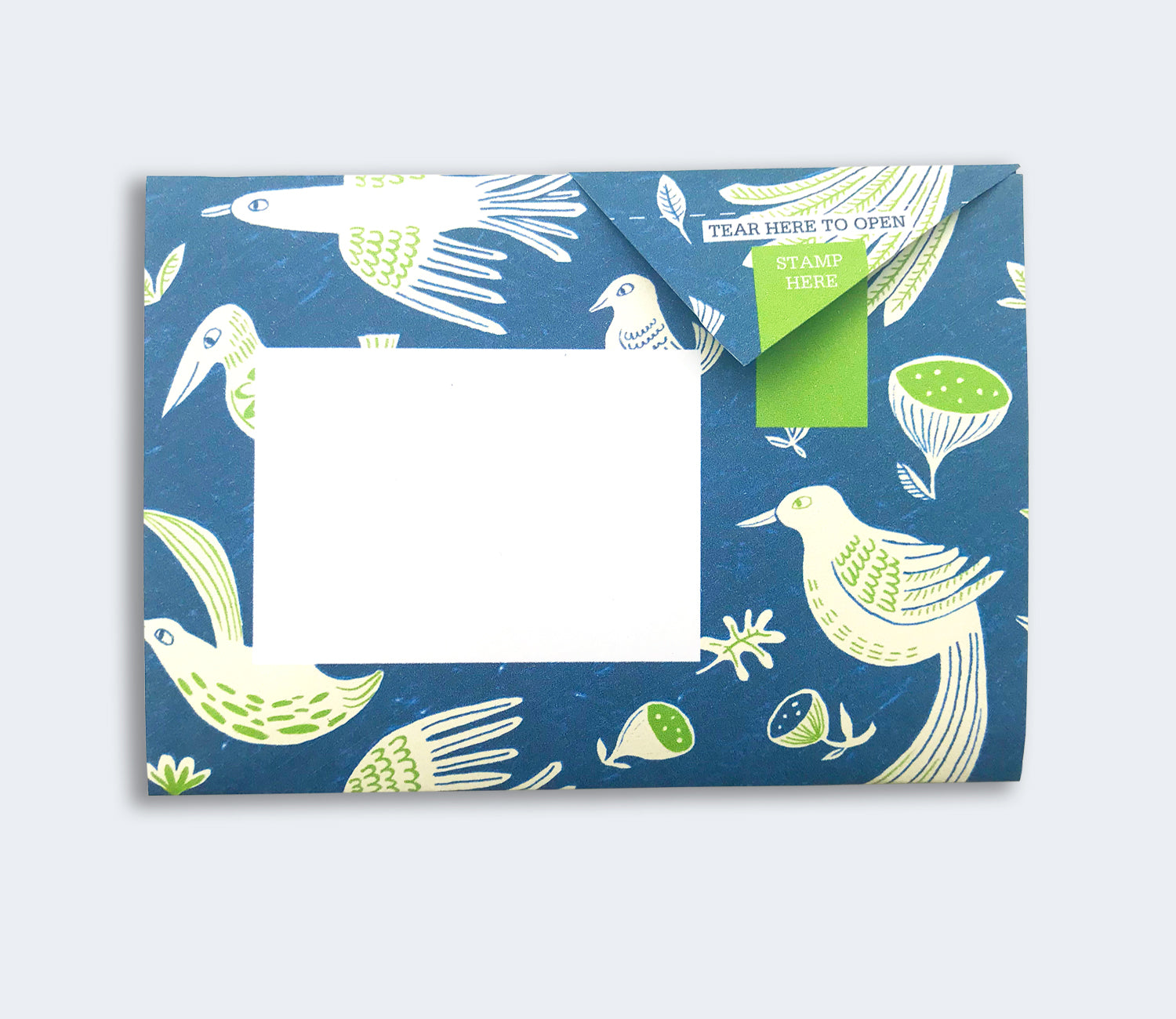 Folded Pigeon letter with teal bird and botanical fig design third variant