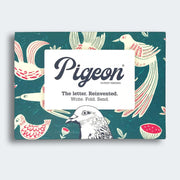 Fig and Feather Pigeons pack front with teal bird and fig botanical design