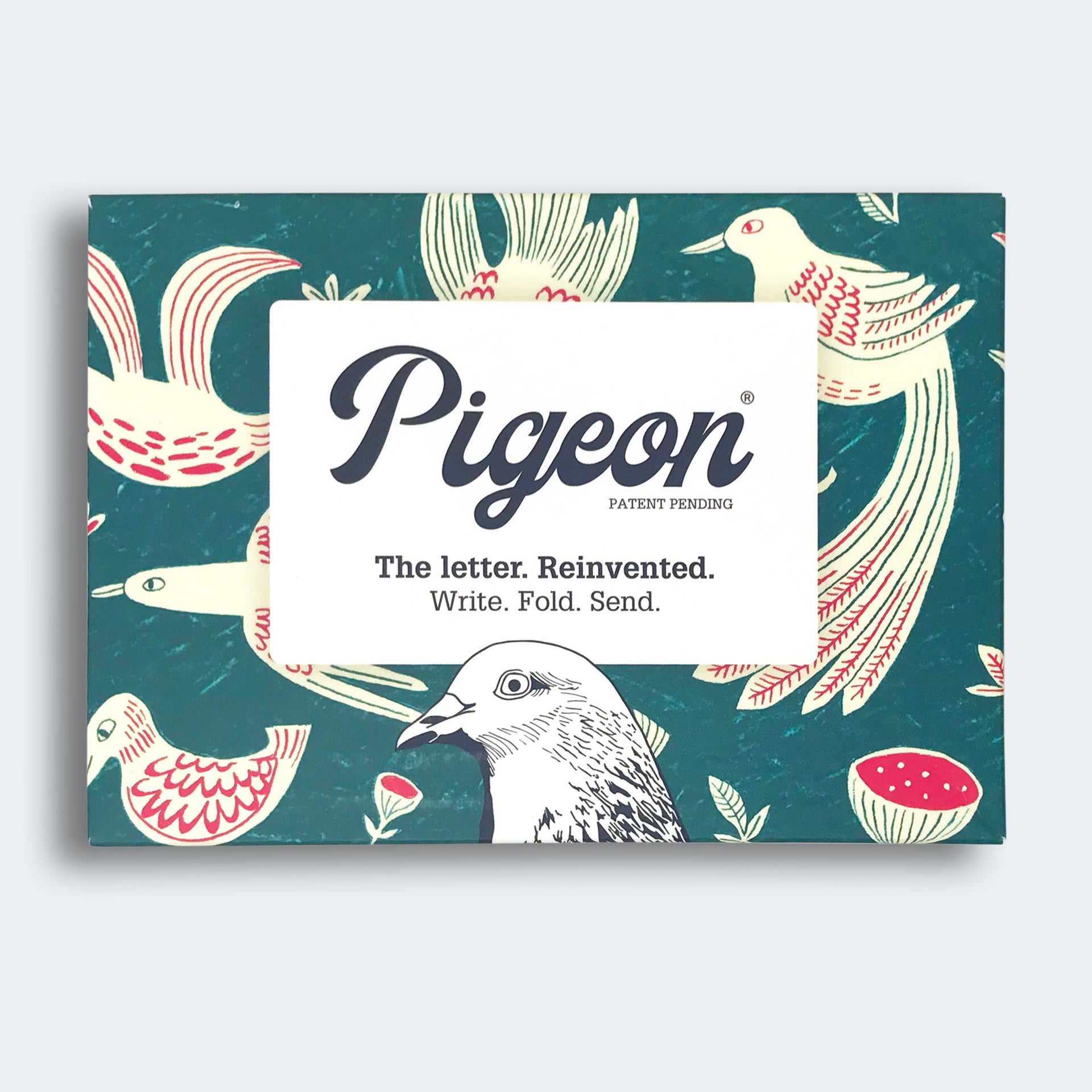 Fig and Feather Pigeons pack front with teal bird and fig botanical design