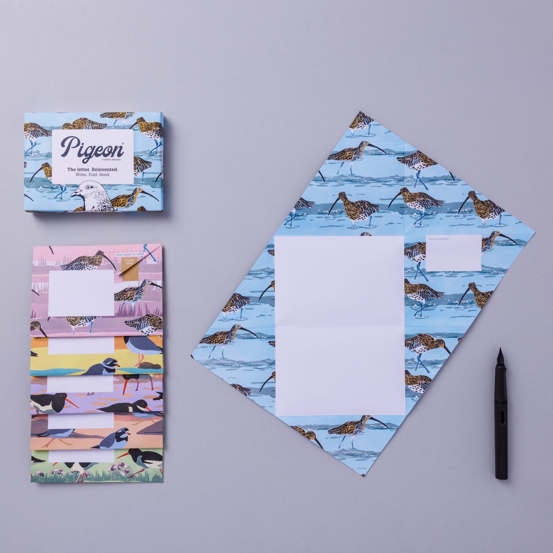 Pack and unfolded Pigeon showing coastal bird design on lavender background