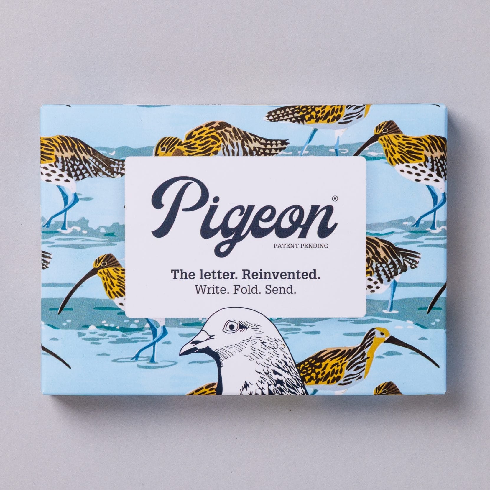 Hebridean Pigeons pack front with wading bird illustration on light blue background