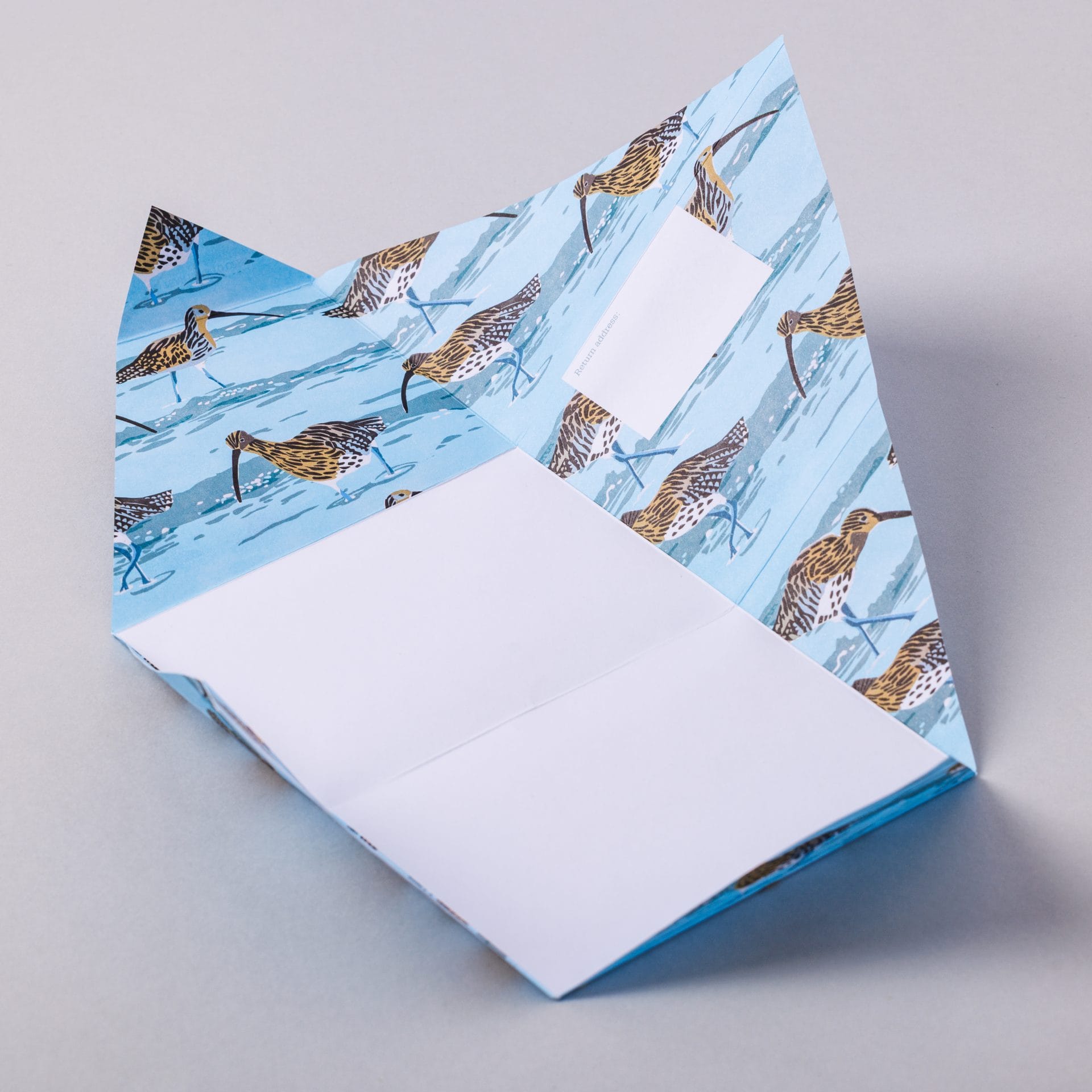 Unfolded Hebridean Pigeon with wading bird and water design on grey background