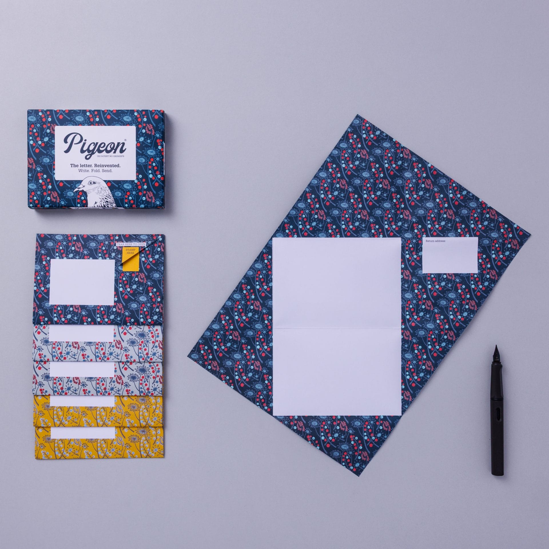 Pack and unfolded Pigeon showing hedgerow berry pattern on lavender background