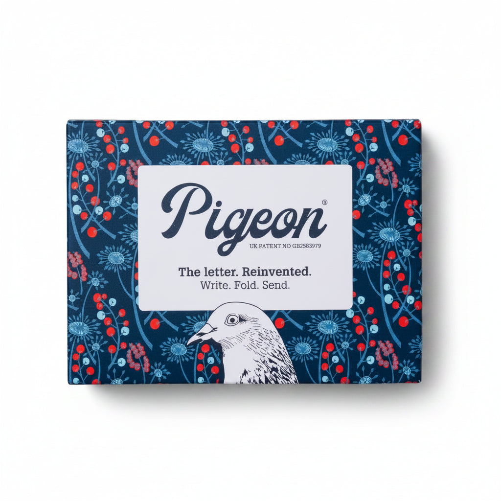 Hedgerow Pigeons pack front with berry and seed head design on dark navy background