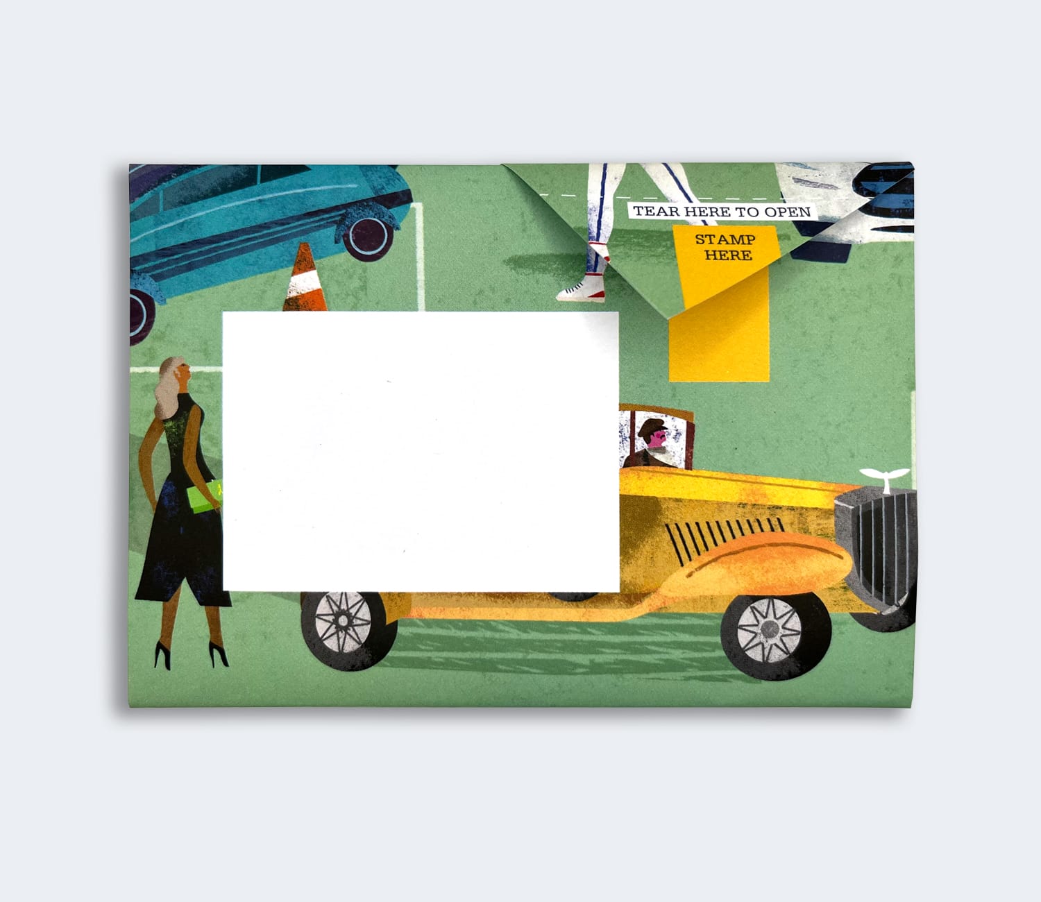 Folded Pigeon letter front with colourful cars on road design