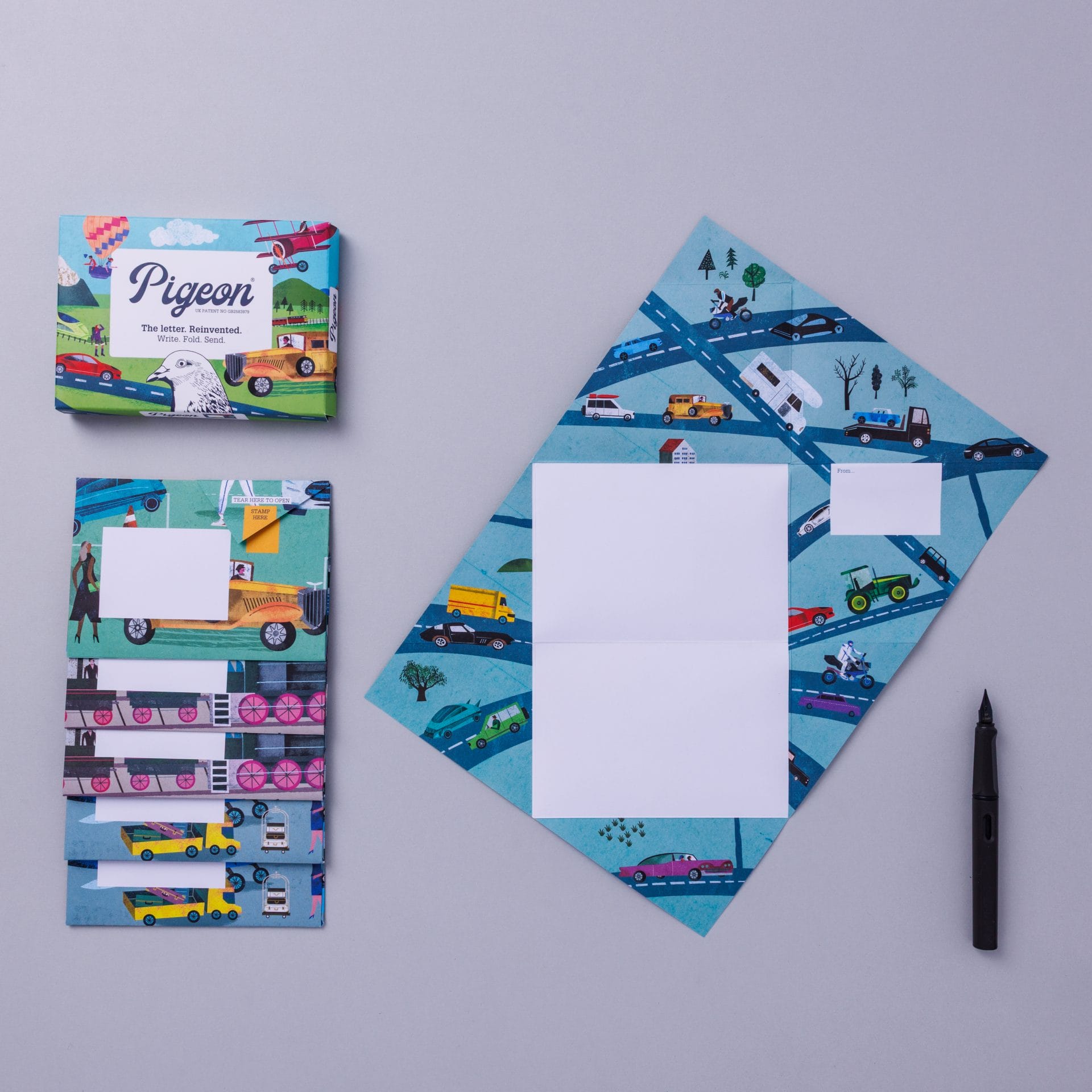 Pack and unfolded Pigeon showing transport theme with hot air balloon on lavender