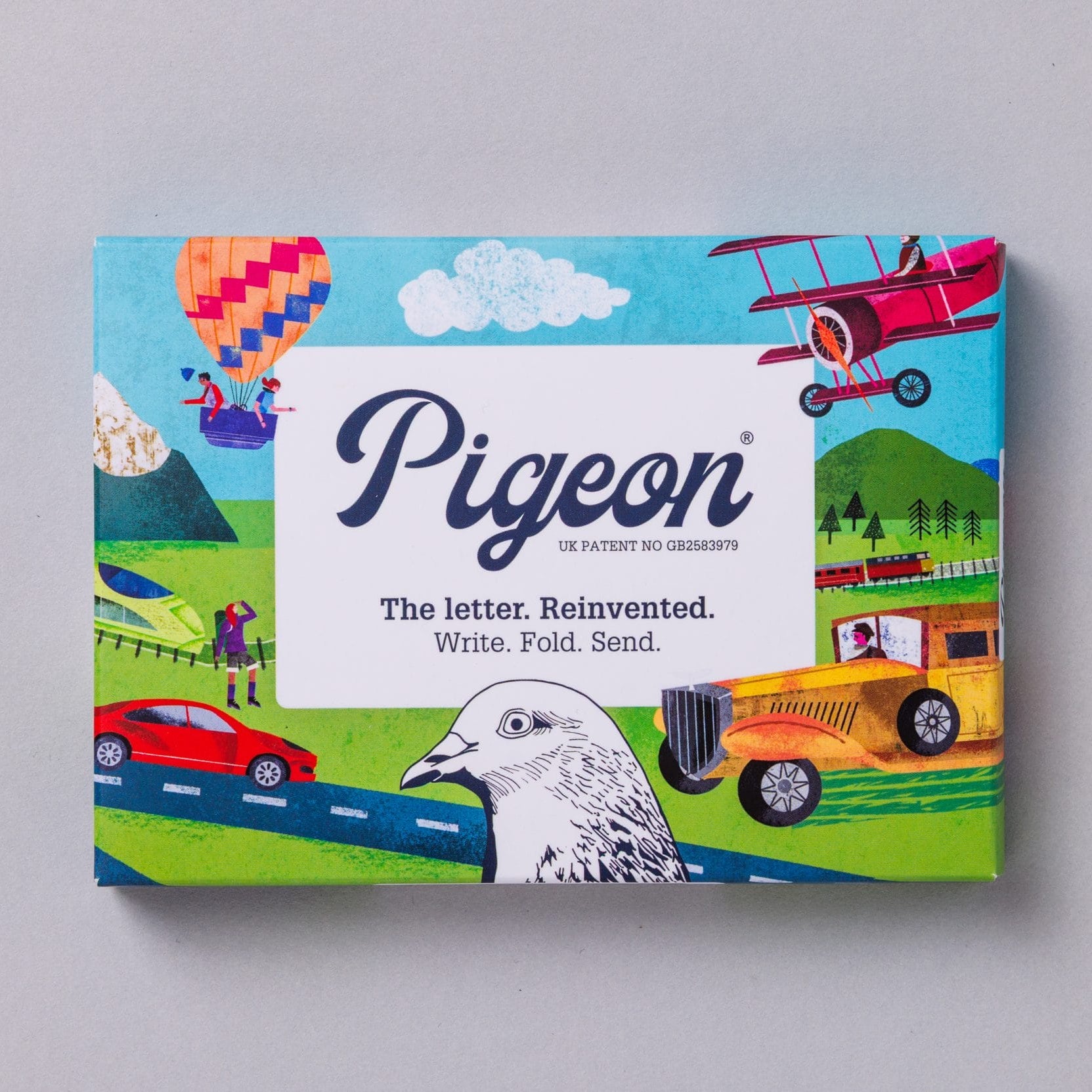 Hop on Board Pigeons pack front with cars trains and planes on blue sky background