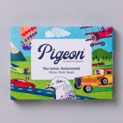 Hop on Board Pigeons pack front with cars trains and planes on blue sky background