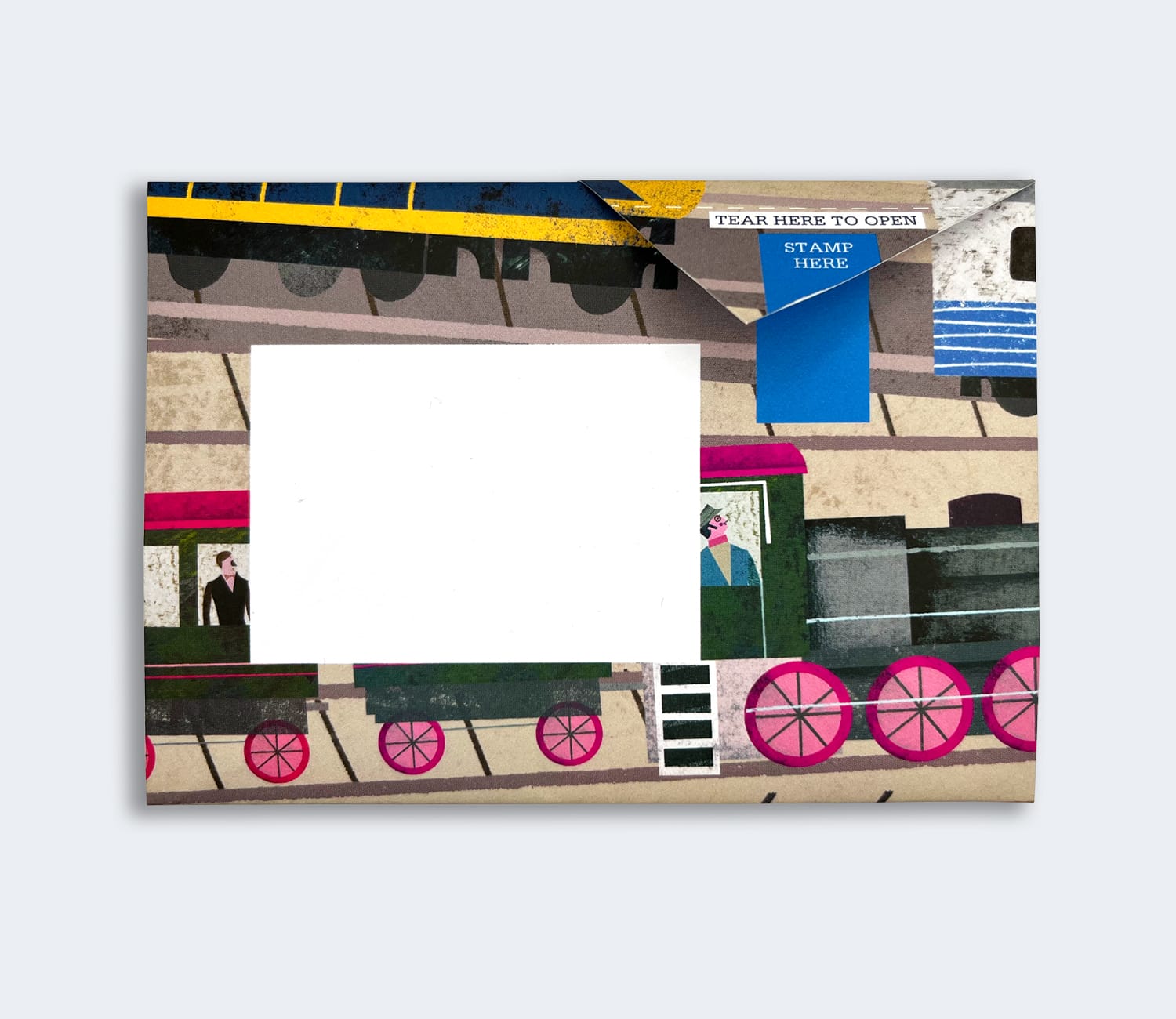 Folded Pigeon letter back with train and railway design