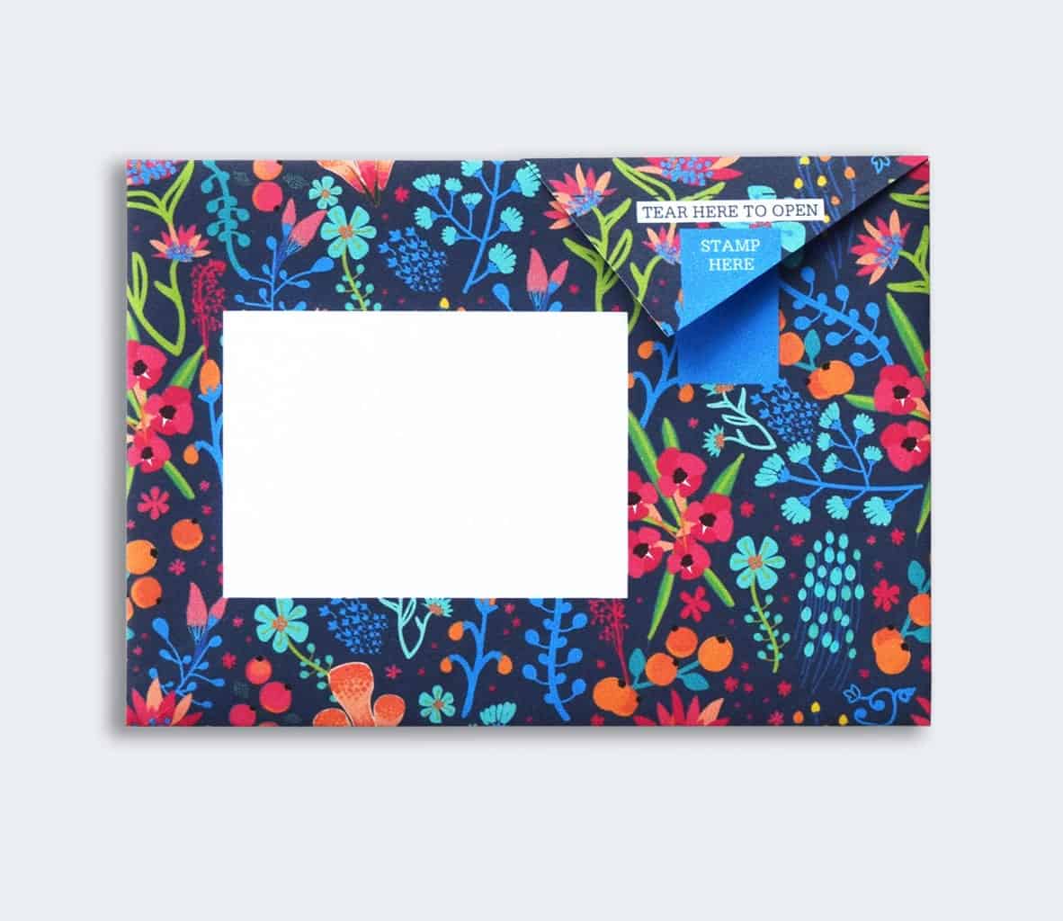Folded Pigeon letter with garden flowers on navy background second variant