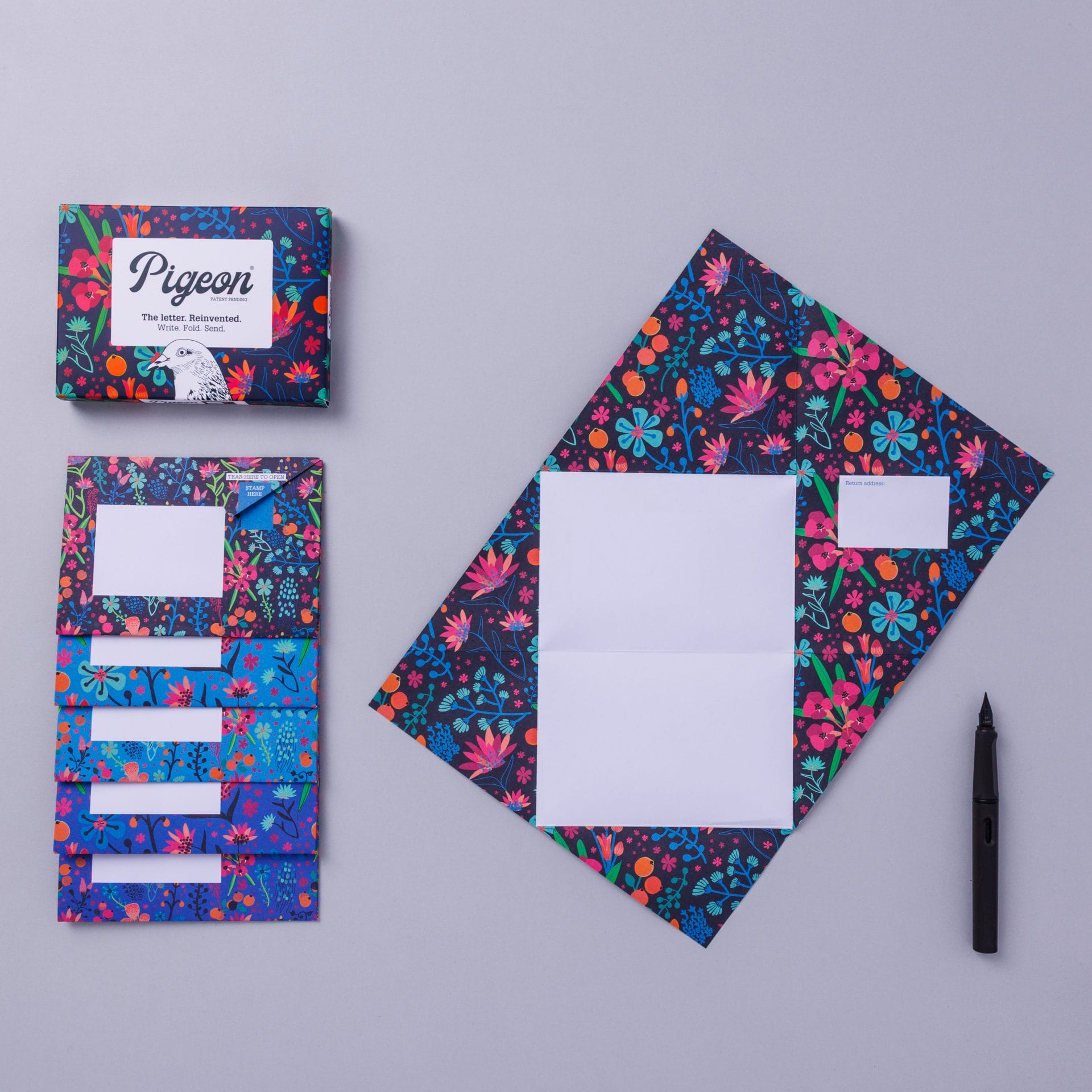 Pack and unfolded Pigeon with midnight garden floral design on lavender background