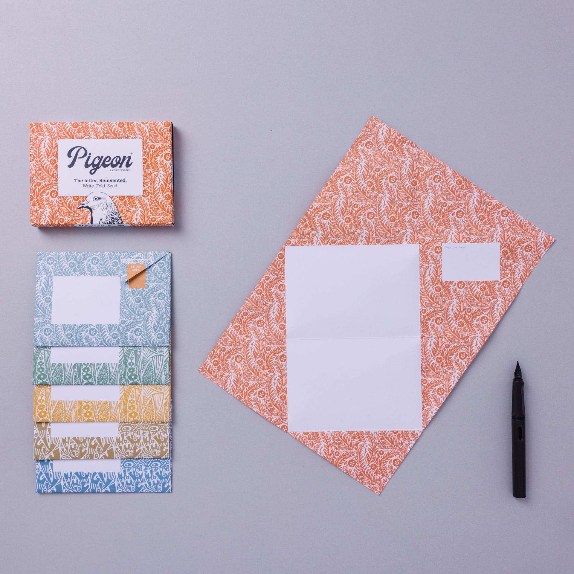 Pack and unfolded Pigeon showing nature study botanical design on lavender background