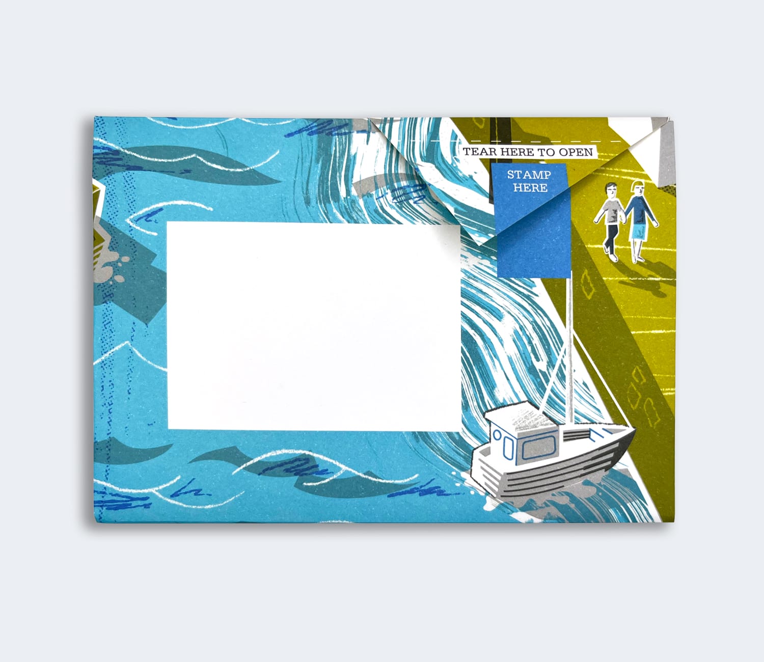 Folded Pigeon letter with sailing boat on turquoise coastal design first variant