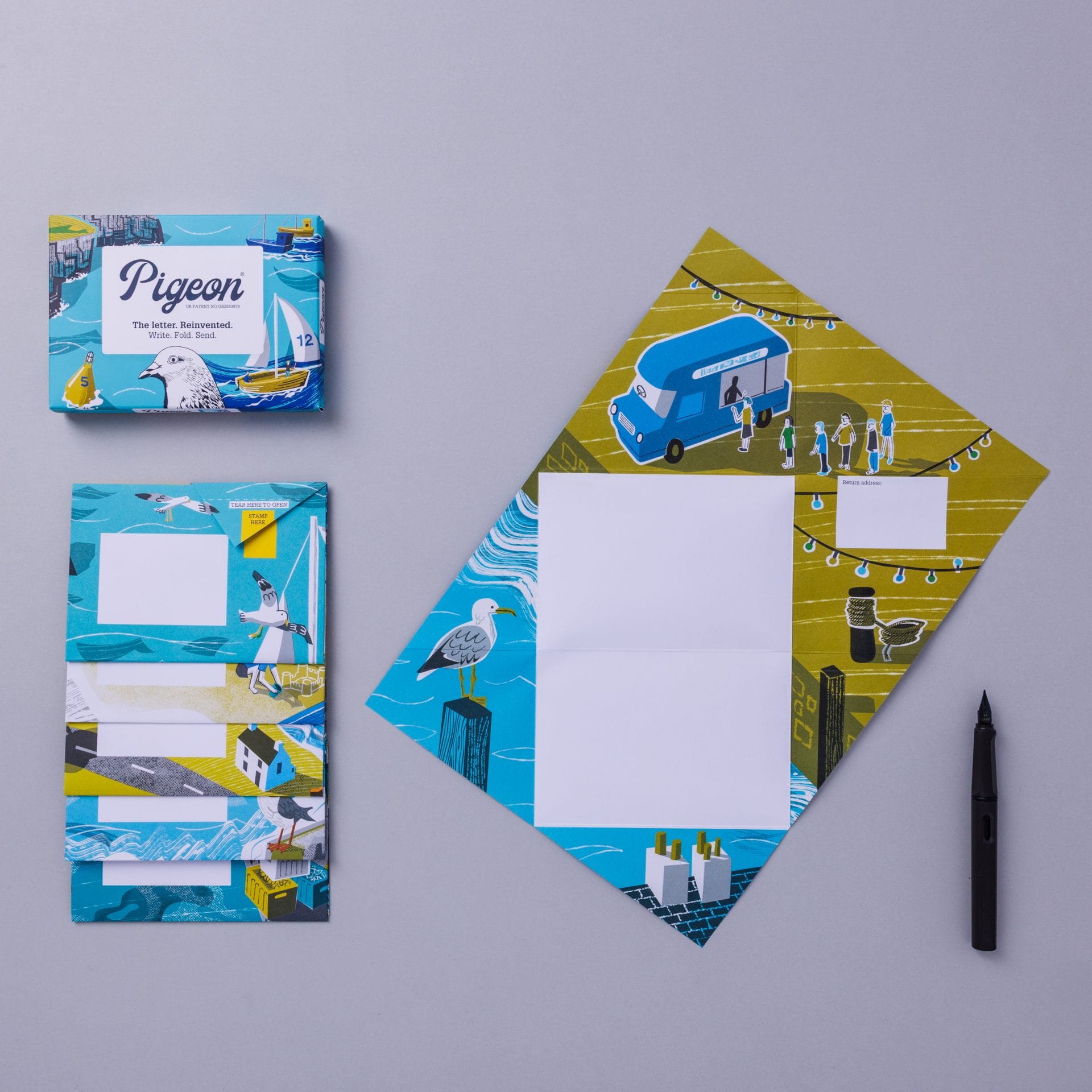 Pack and unfolded Pigeon showing coastal harbour design on lavender background