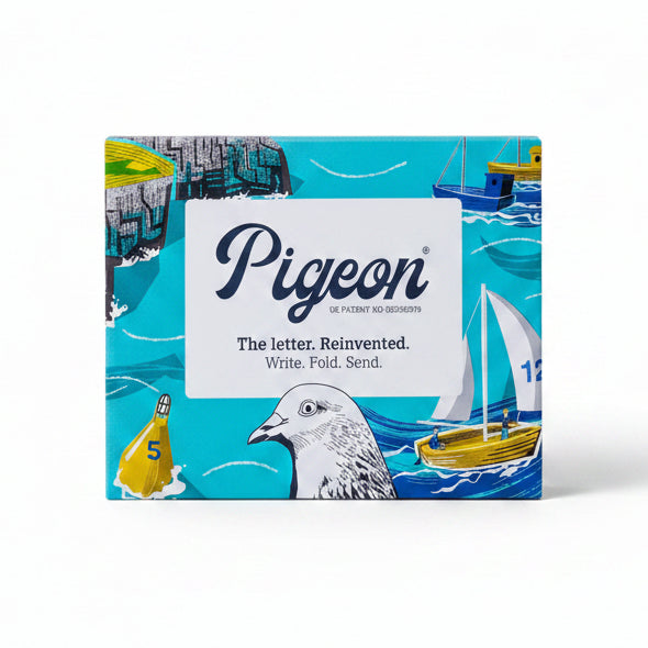 Safe Harbour Pigeons pack front with sailboat and harbour design on turquoise background