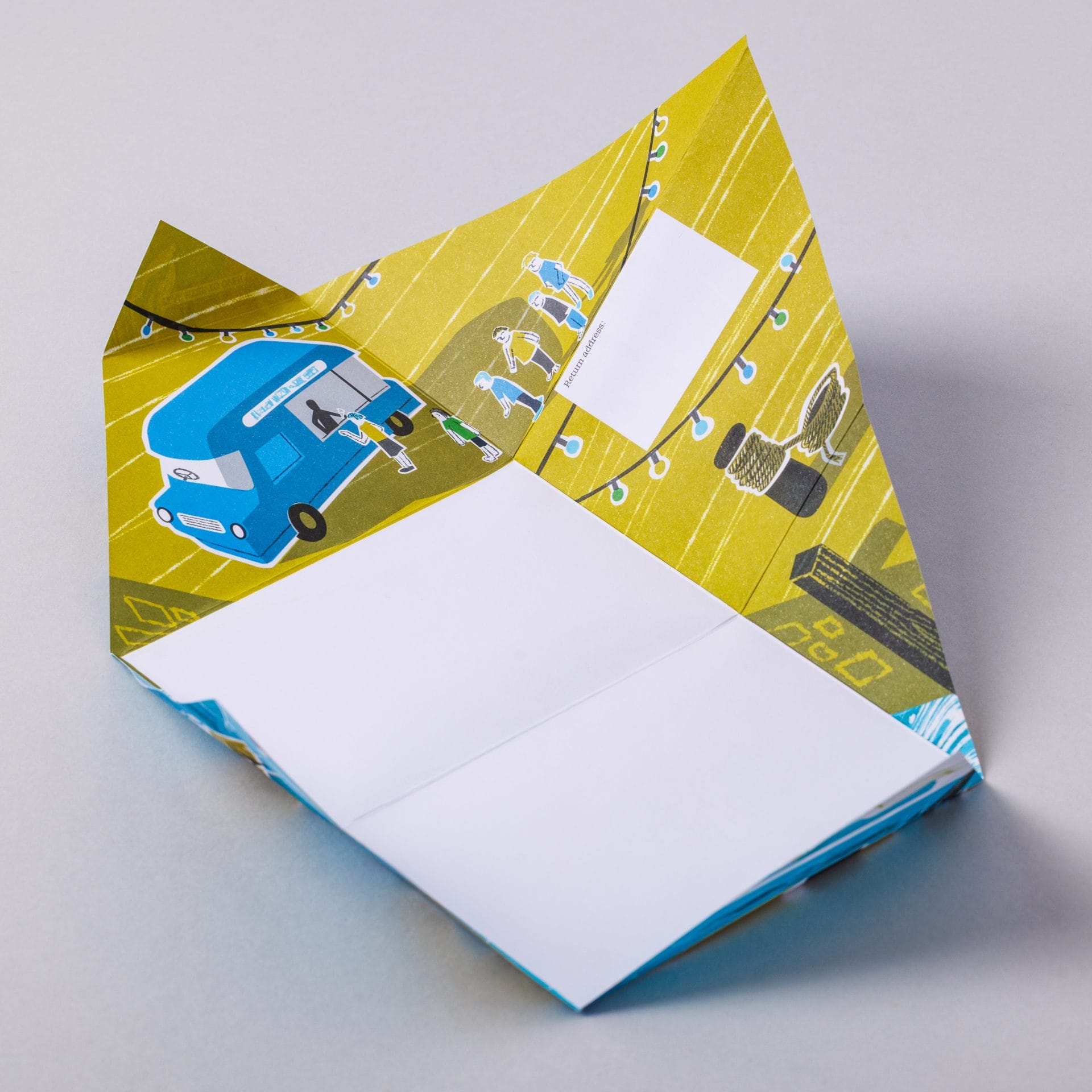 Unfolded Safe Harbour Pigeon with sailboat and buoy interior on grey background