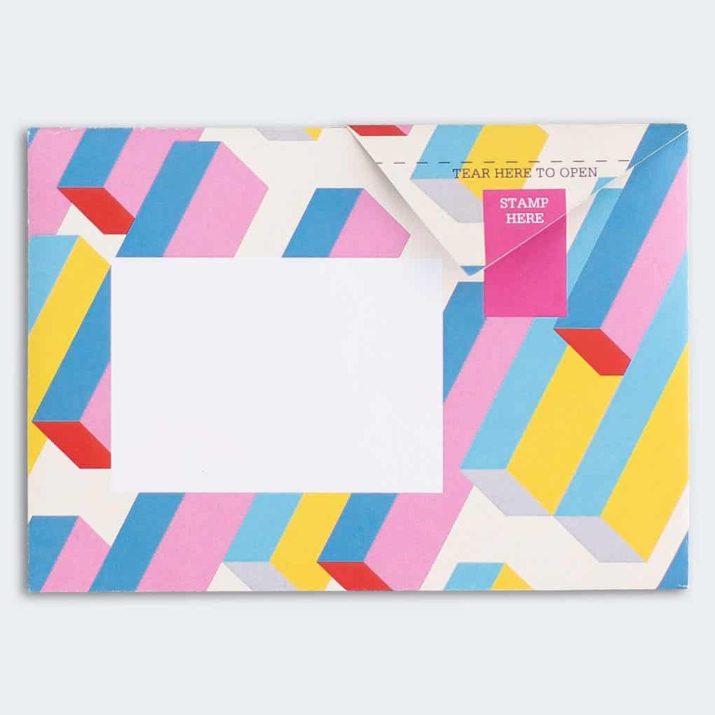 Folded Pigeon letter with retro geometric cube pattern first variant