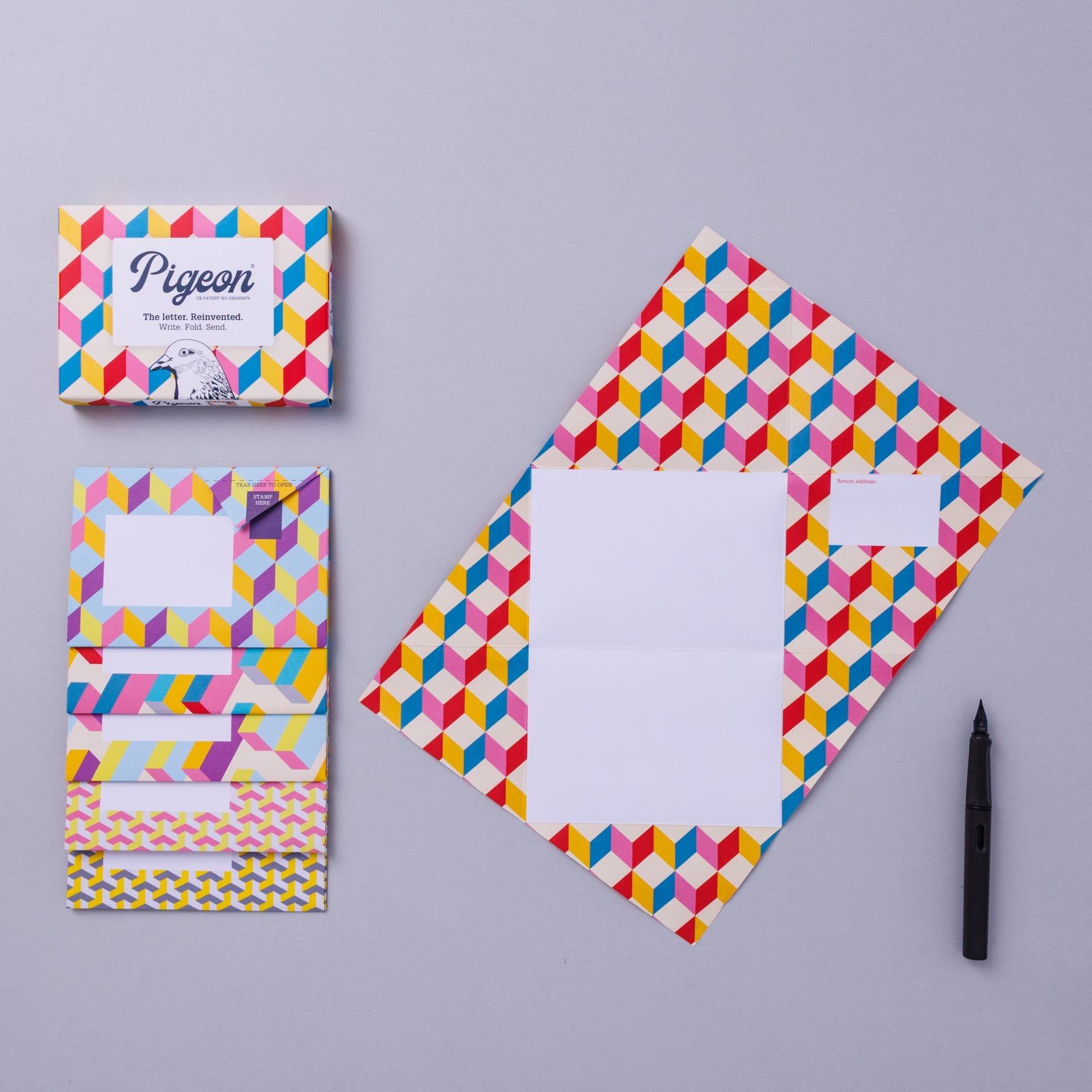 Pack and unfolded Pigeon showing geometric cube pattern on lavender background