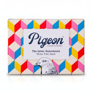Urban Pigeons pack front with colourful retro 3D cube design on cream background
