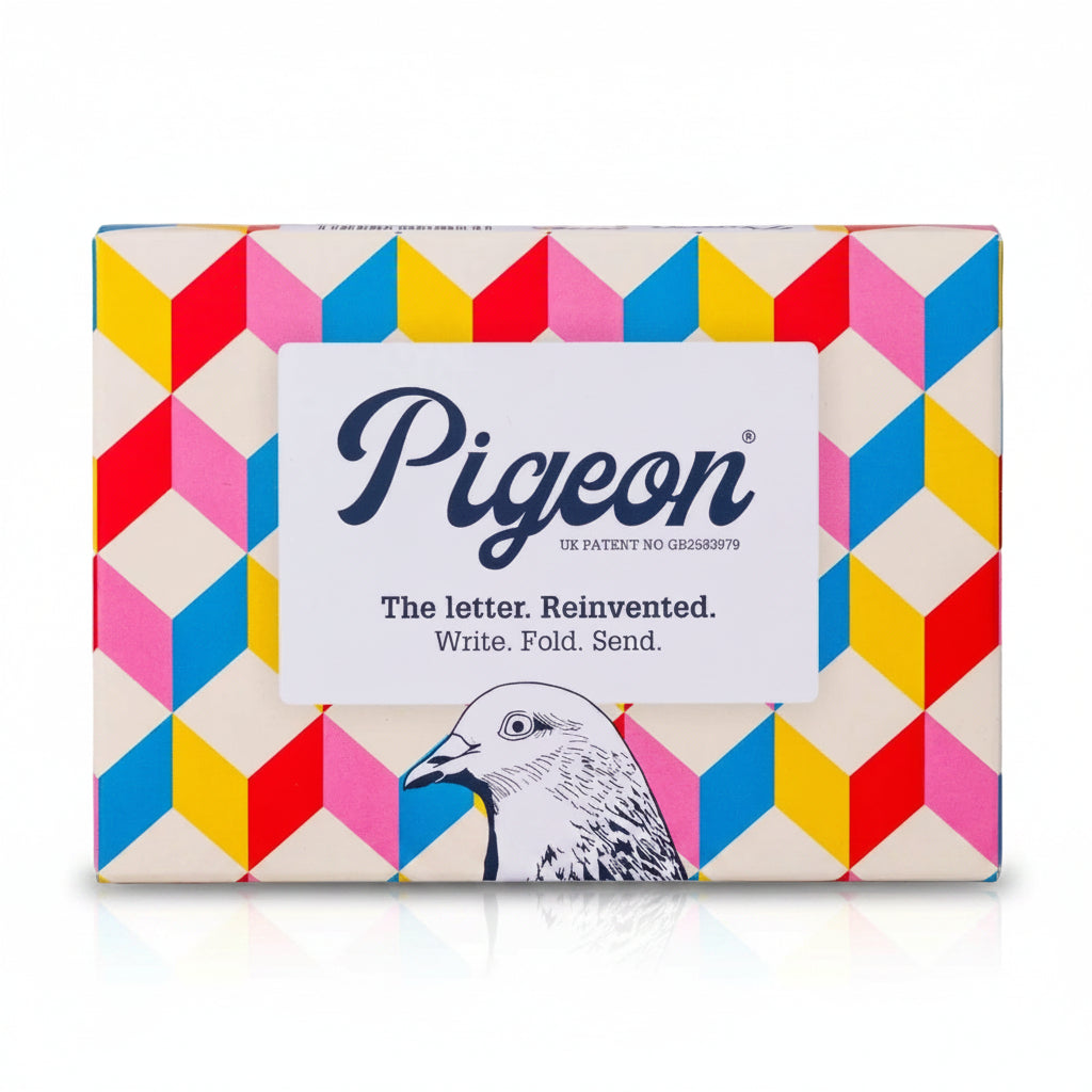 Urban Pigeons pack front with colourful retro 3D cube design on cream background