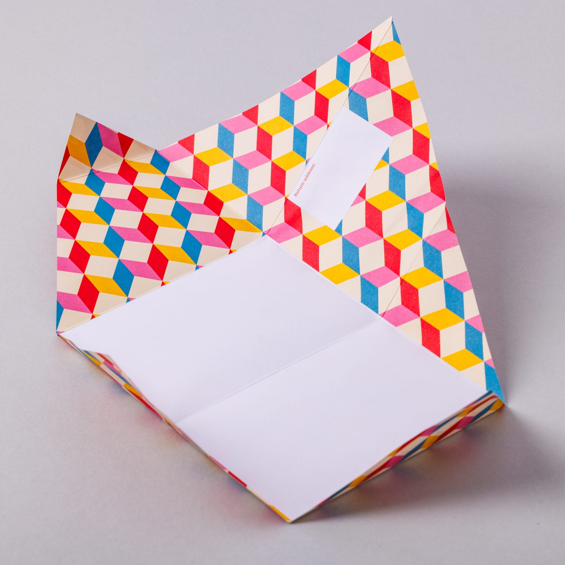 Unfolded Urban Pigeon with retro colourful geometric cube interior on grey