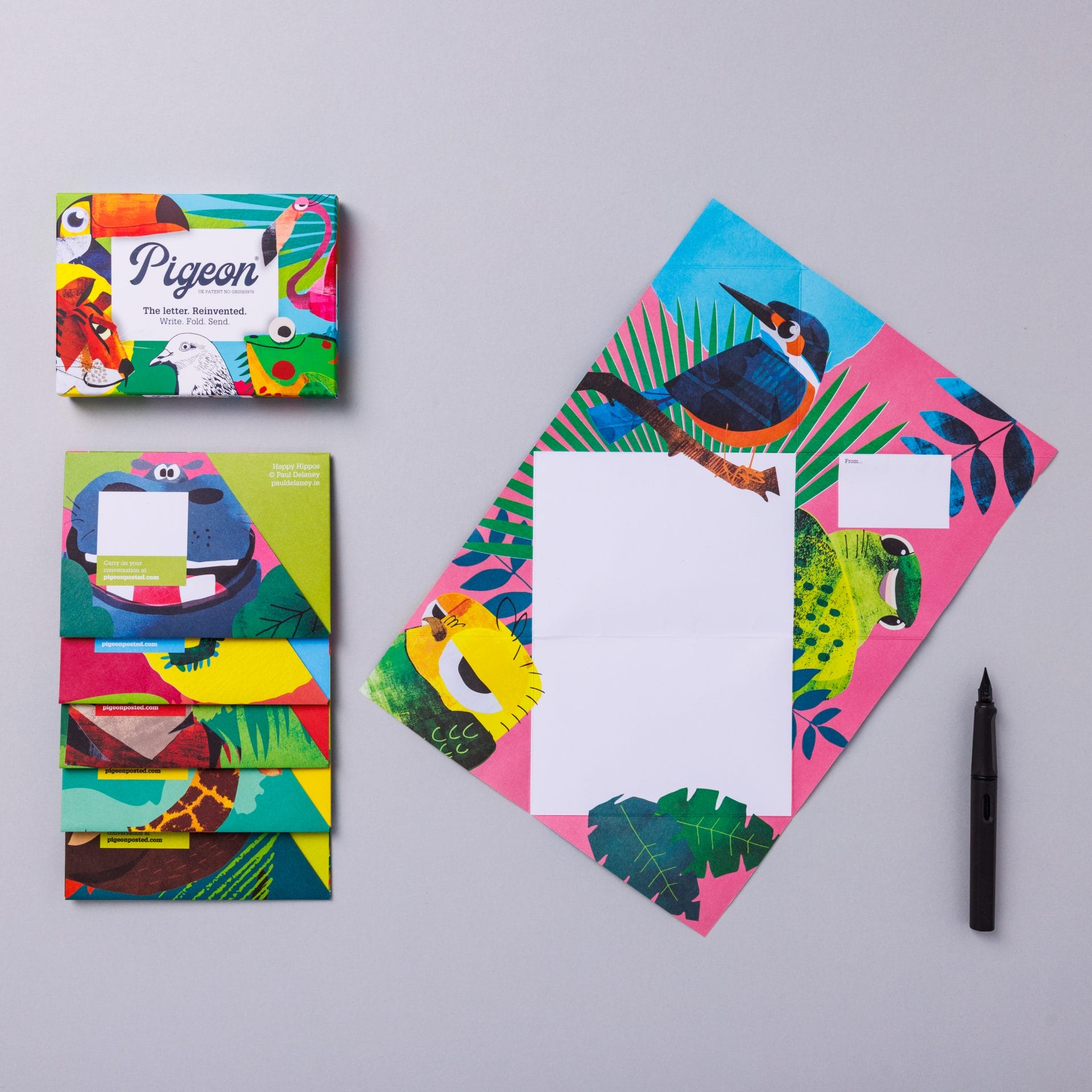 Pack and unfolded Pigeon showing vibrant wildlife design on lavender background