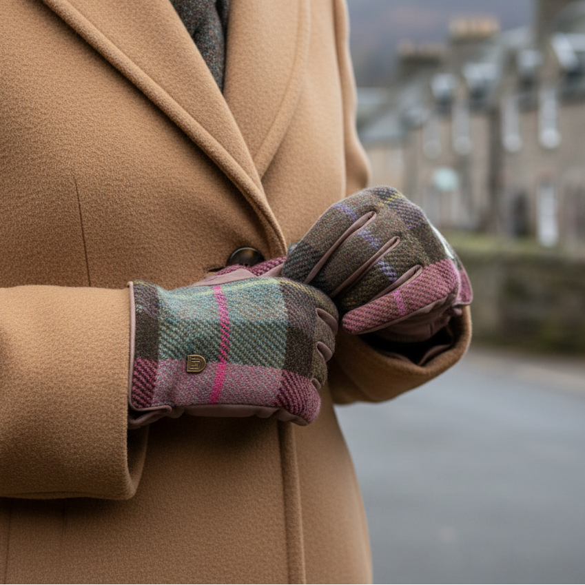 Pink and green tartan Harris Tweed ladies gloves with leather trim on white background.