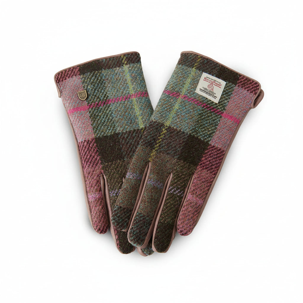 Plaid patterned gloves with a visible brand label on a white background