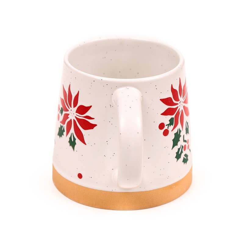 Overhead view of Poinsettia Stoneware Mug showing the wide tapered rim and floral poinsettia pattern around the edge.