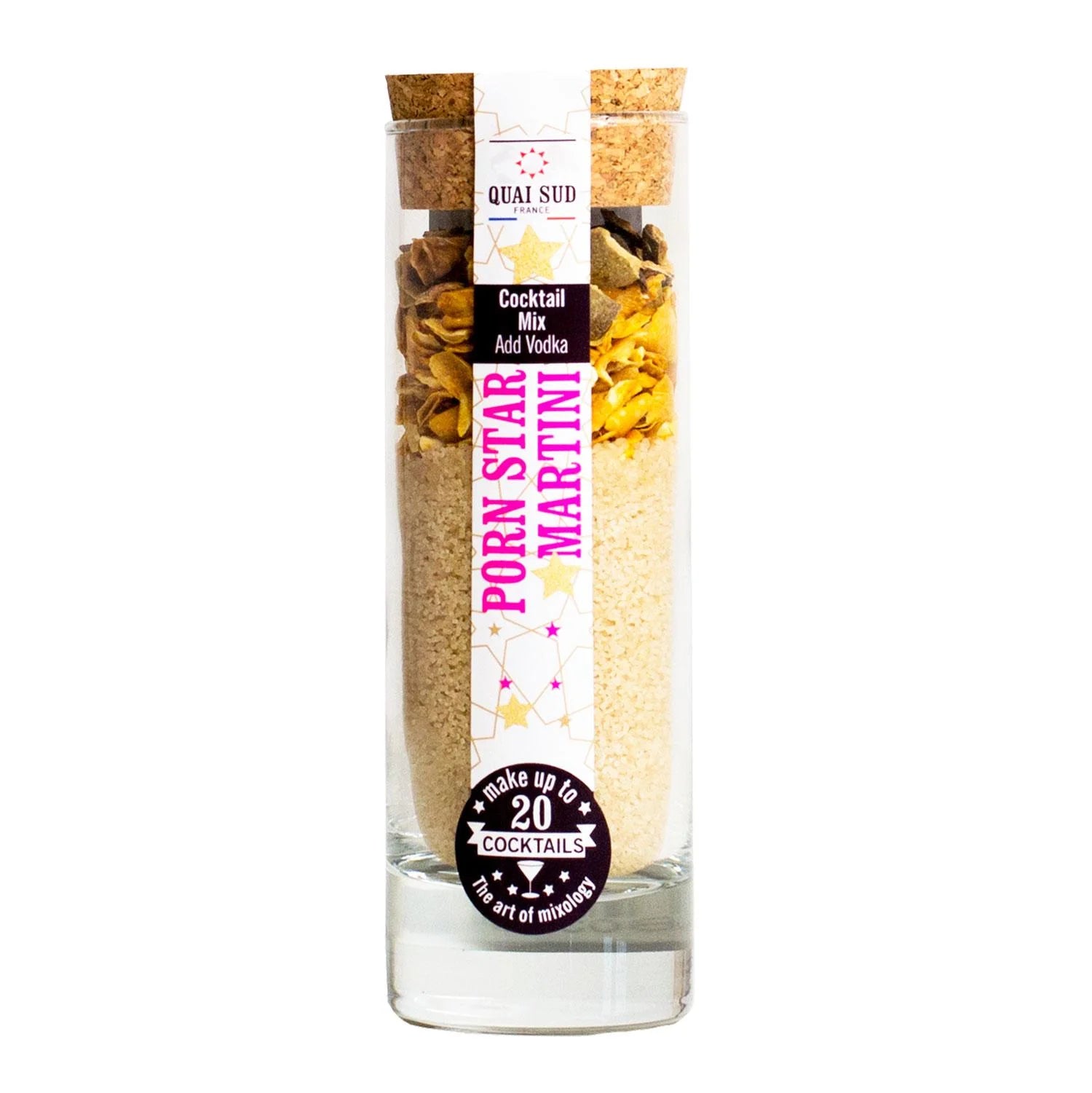 Porn Star Martini Cocktail Mix jar with sugar and passion fruit pieces.