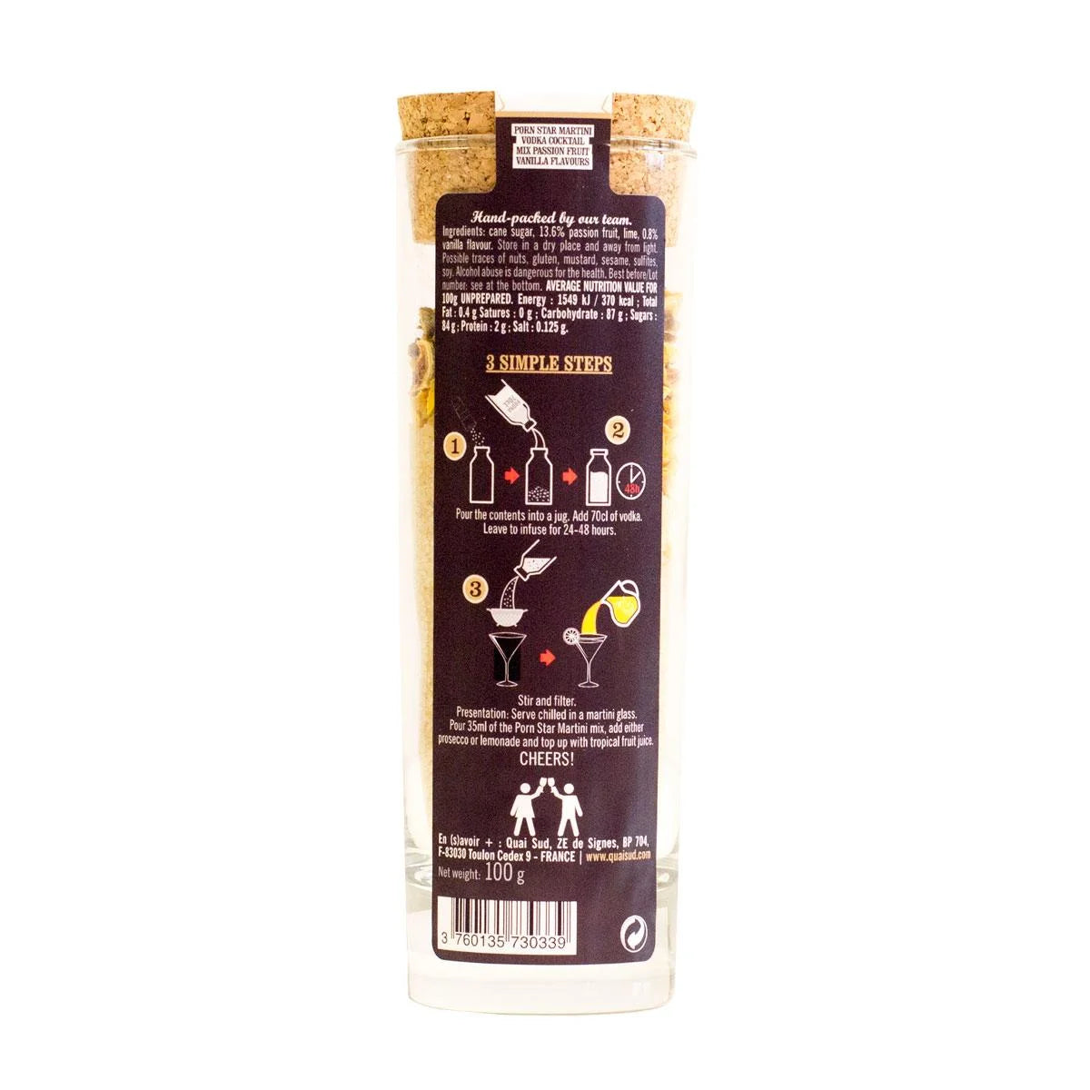 Back label of Porn Star Martini Cocktail Mix with directions and ingredients.