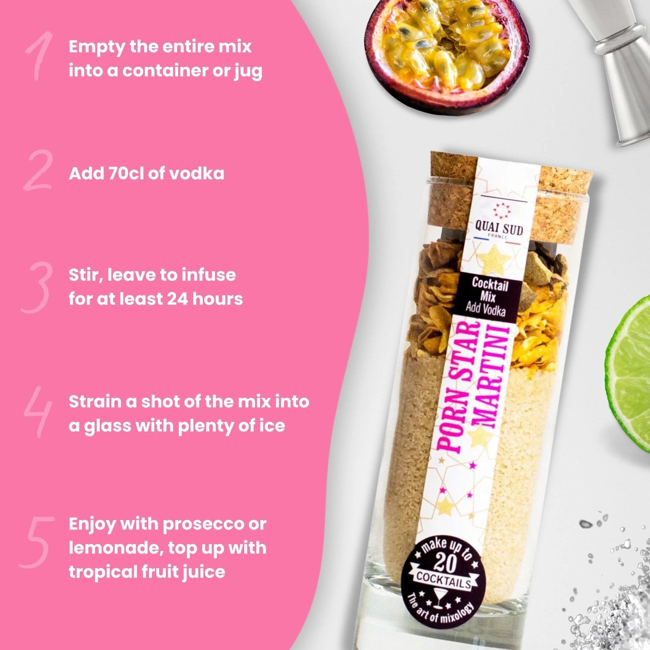 Pink recipe guide featuring Porn Star Martini Cocktail Mix and fruit garnish.