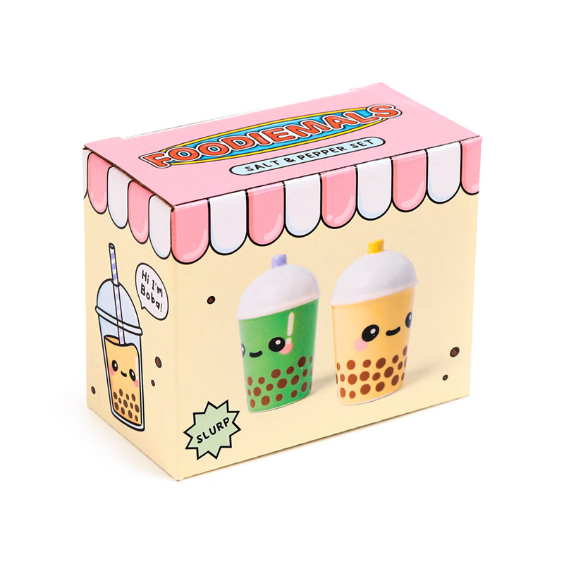 Boba and matcha shakers in their printed bubble tea shop gift box