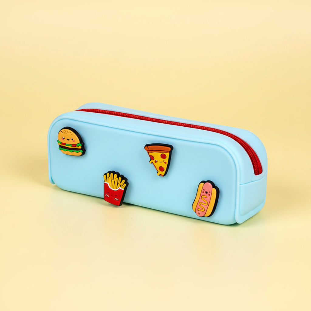 Front of the blue silicone pencil case showing the food charm row